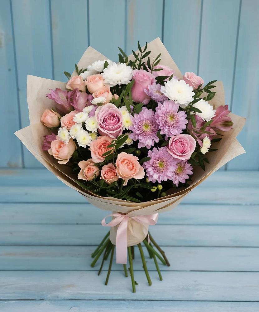 Букет цветов из: Хризантемы, Розы и Альстромерии в Беляную Гору