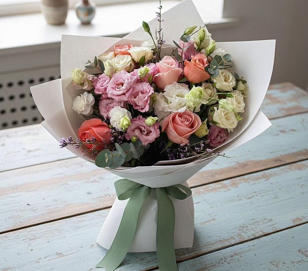 Букет цветов из: Розы, Лизиантусы и Гвоздики в Беляную Гору