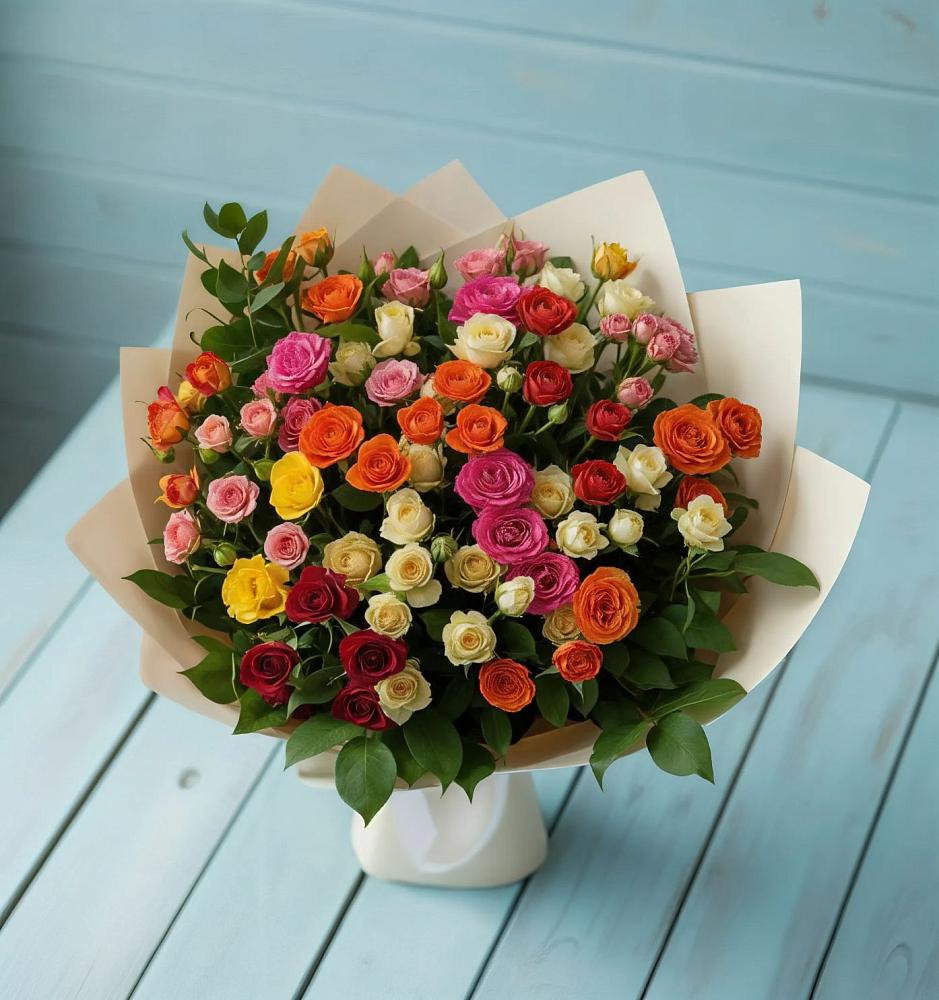 Букет Микс из разноцветных кустовых роз в Беляную Гору