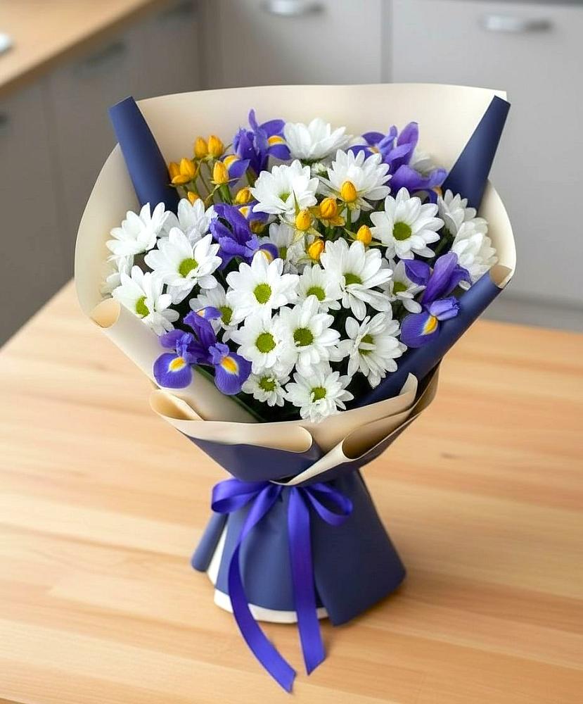 Букет цветов из: Розы, Ирисы и Хризантемы в Беляную Гору